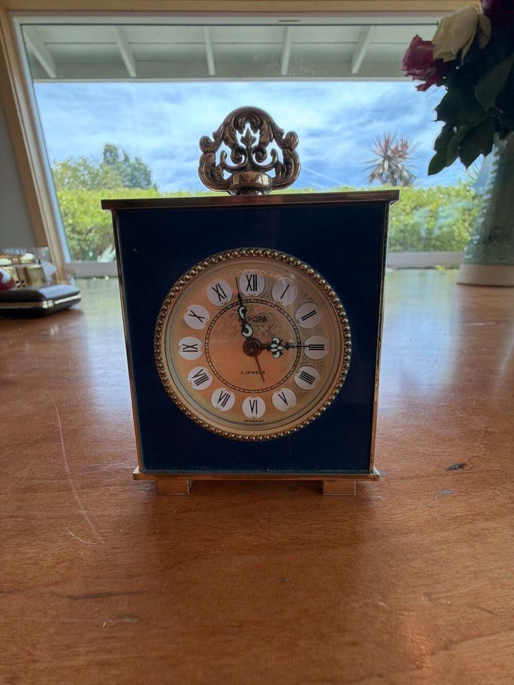 Vintage Europa 2 Jewels Mechanical Carriage Alarm Clock with Navy Blue Face and
